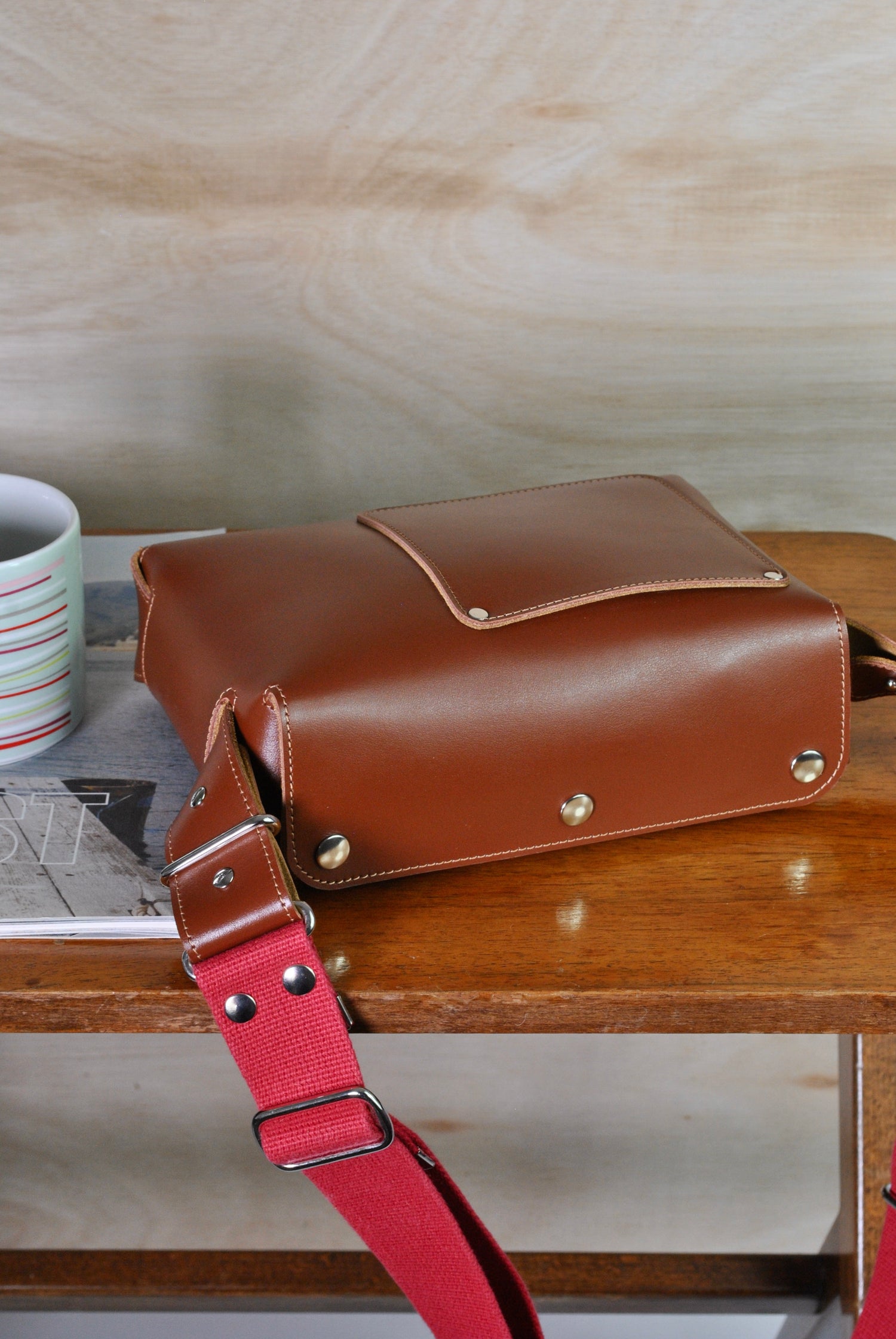 Tan & Red Leather Crossbody Bag Casual Everyday Carry